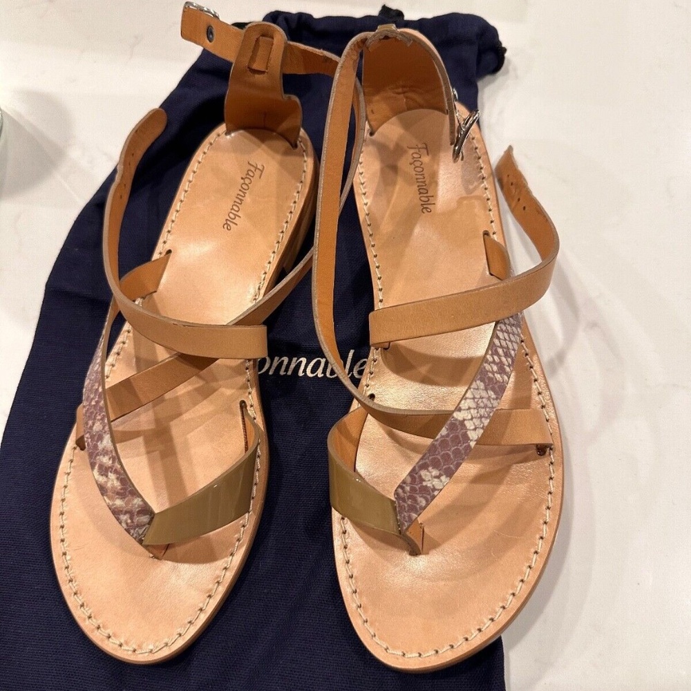 Faconnable leather sandals tan / green Sz 39 Euro or 9 US NIB